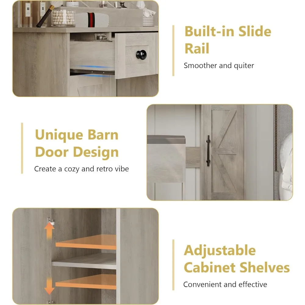 مكتب زينة كبير على طراز المزرعة مقاس 43 بوصة مع مرآة وأضواء وأدراج تخزين ومحطة شحن