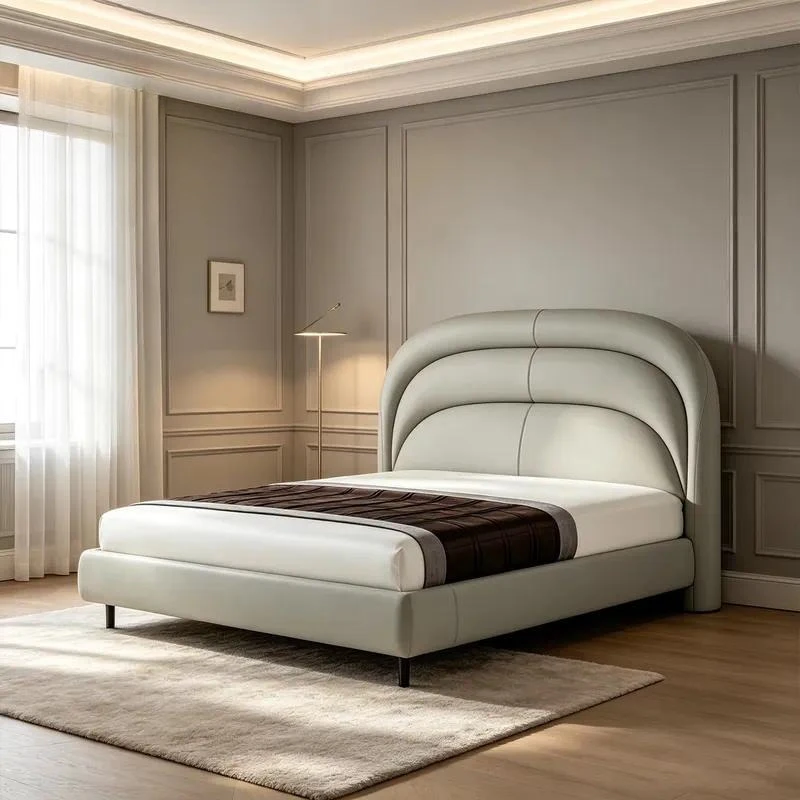 Modern soft leather bed, solid wood frame luxury wood large size bedroom furniture for home decoration