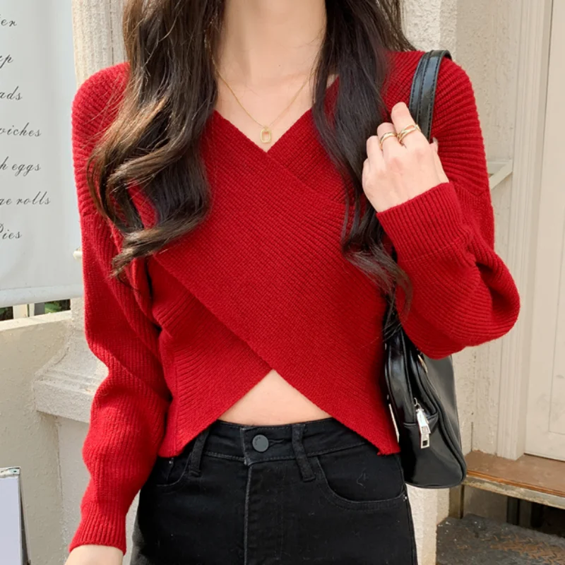 Casual Red Criss-Cross Knit Sweater Women Fashion V-Neck Short Sweater Women Autumn Winter 2023 Long Sleeve Y2K Pullovers 28010