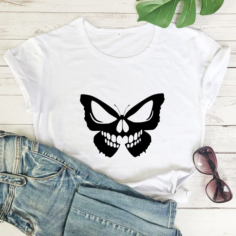 

skull butterfly 100% cotton tshirt spooky women short sleeve Halloween goth tee shirt