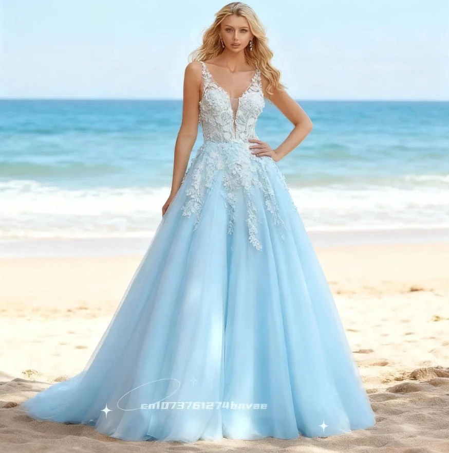 Robe de mariée Boho bleu ciel clair, fente avant, robes de mariée pour vacances à la plage, bretelles appliquées en dentelle, col en v, sans manches, personnalisées