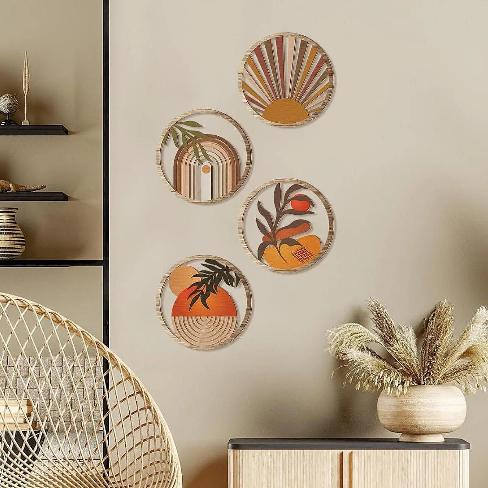 

4Pcs Boho Wooden Wall Art Set Pastoral Theme Hanging Wall Sculpture for Home Living Room Bedroom Decoration Housewarming Gift