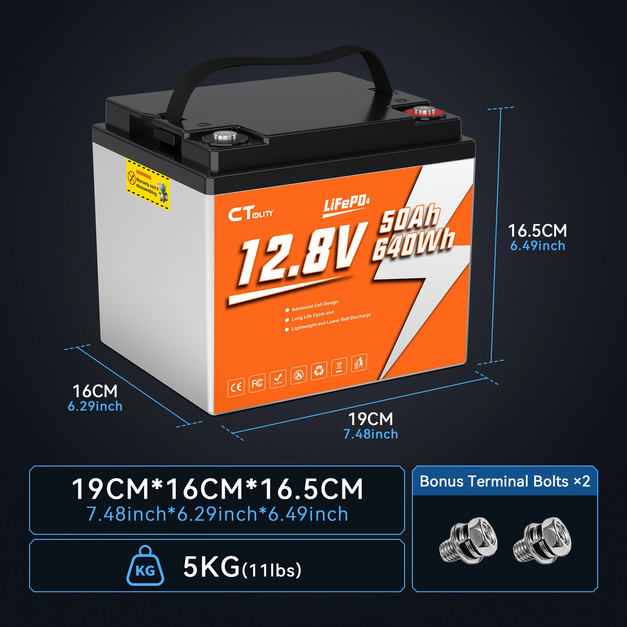 12V 50Ah LiFePO4 Battery Deep Cycle Lithium Battery 640Wh Rechargeable Battery for RV Marine Boat Solar System