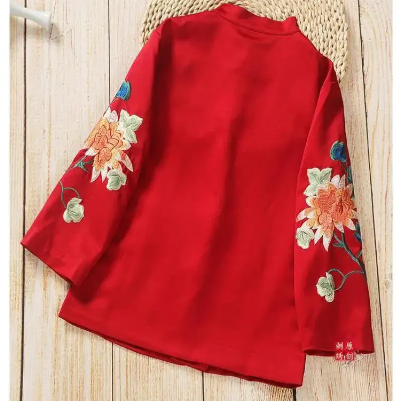 الفاوانيا زهرة التطريز خمر تانغ دعوى سترة المرأة طويلة الأكمام واحدة الصدر فضفاض الوقوف طوق النمط الصيني Outerwea @ 0Z *