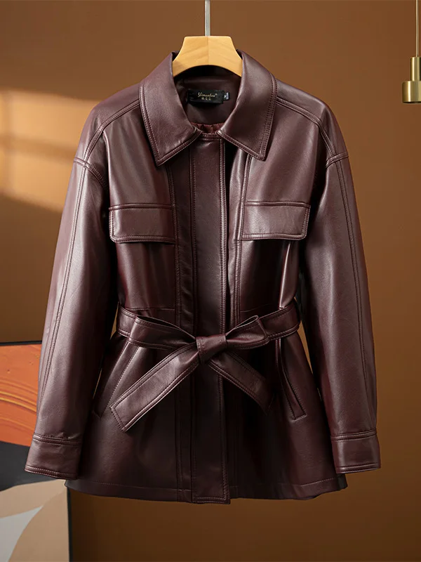   Ning 本物の羊革レザージャケット レディース スプリングオータム ウエストを締めるベルト付き ミディ丈 ウインドブレーカー