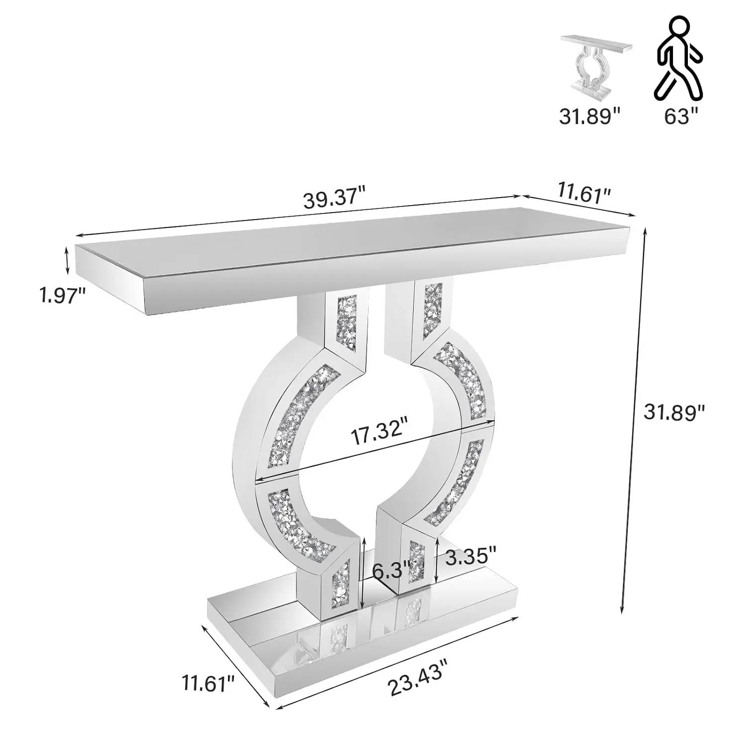 Silver Mirrored Console Table Crushed Diamond Inlay 39.4'' Entryway Sofa Table O-Base Modern Accent Narrow Table , Customized