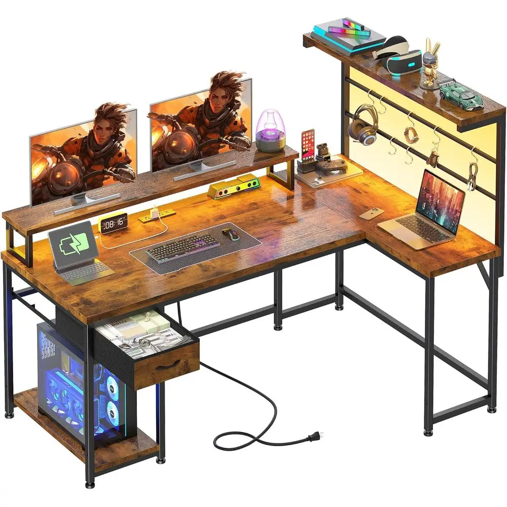 

53 L-Shaped Gaming Desk with LED Lights, Power Outlets, and Monitor Stand in Rustic Brown