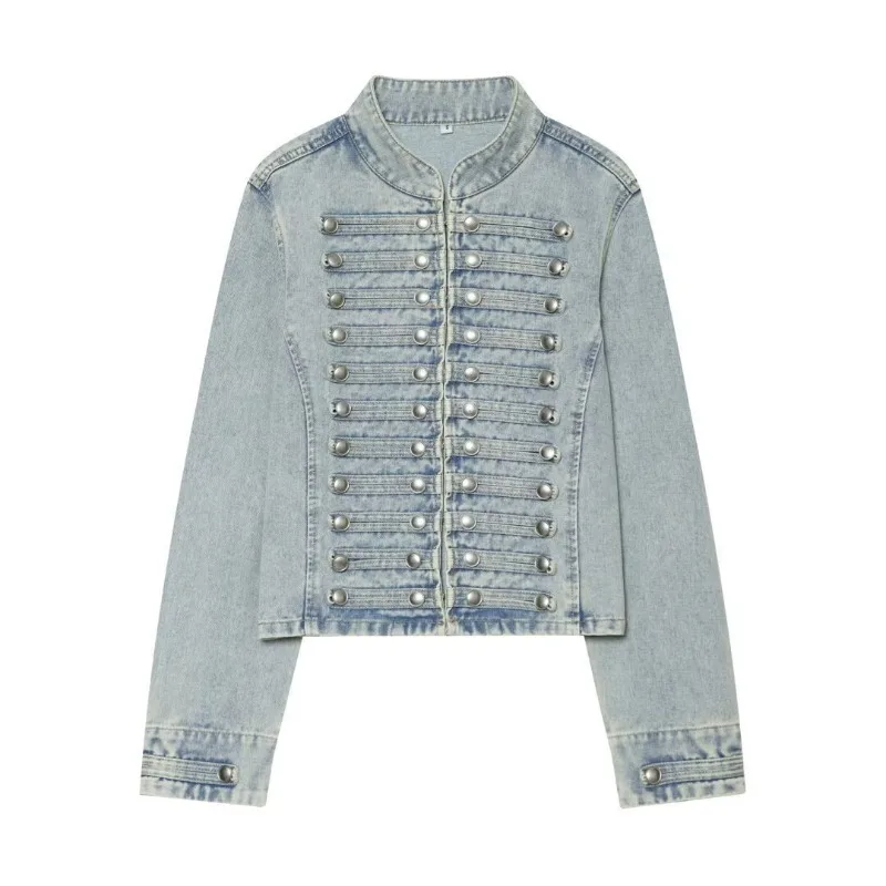 A New Cross-border European and American Style Fashionable and Elegant Women's Casual Long-sleeved Round-neck Slim Denim Jacket