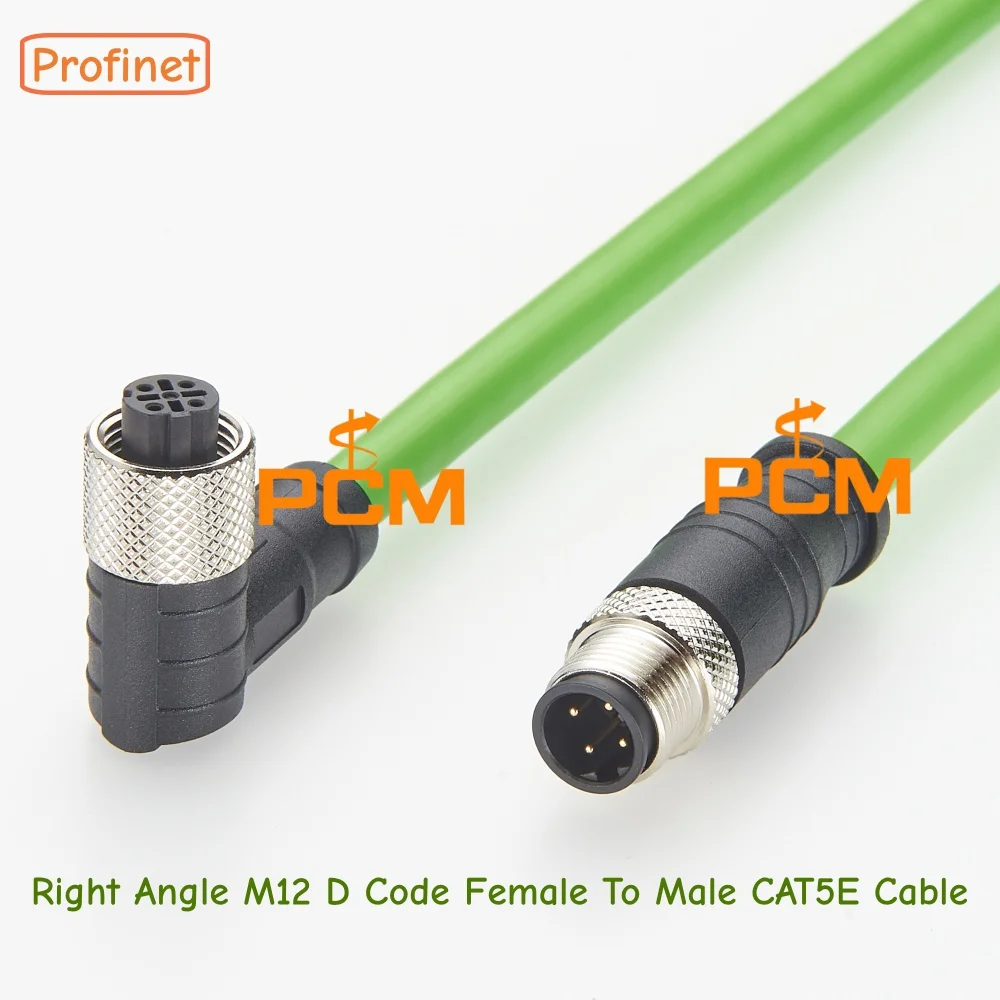 Right Angle M12 D Code 4Pin Female to Male CAT5E Industrial Ethernet Cable Shielded IP67 Waterproof Profinet Network Cable
