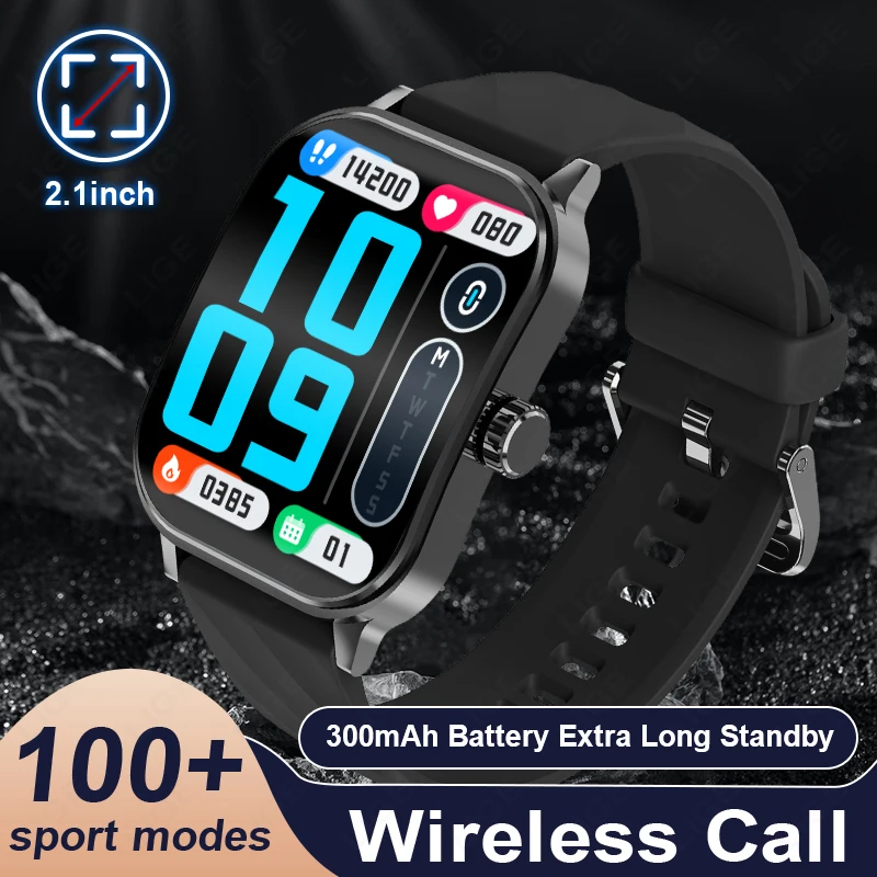 

LIGE Bluetooth Call Smart Watches For Men 2.1'' 3D Screen Body Temperature Monitor IP67 Waterproof Sports Trackers Smartwatches