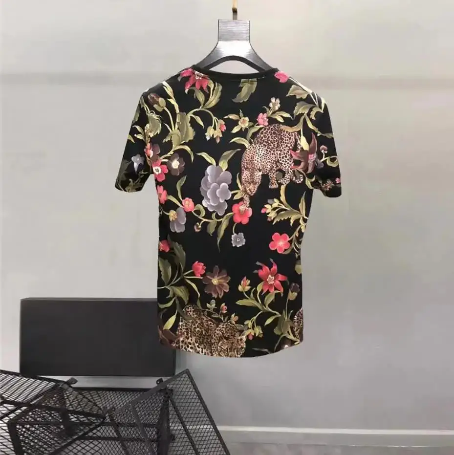 European and American men's 2023 summer new Round neck and short sleeves fashion Leopard flower print T-shirt