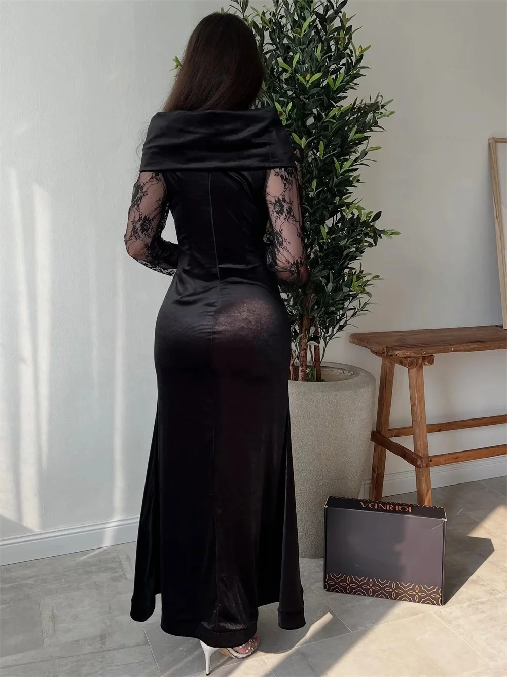 ชุดราตรีผ้าลูกไม้สีดำ แขนยาว ตัดเย็บตามสั่ง สำหรับโอกาสพิเศษ สไตล์เรโทร ยูนิเซ็กซ์ ผ้าเจอร์ซีย์ แบบดูไบ ซาอุดิอาระเบีย งานพรอม สั่งตัดได้