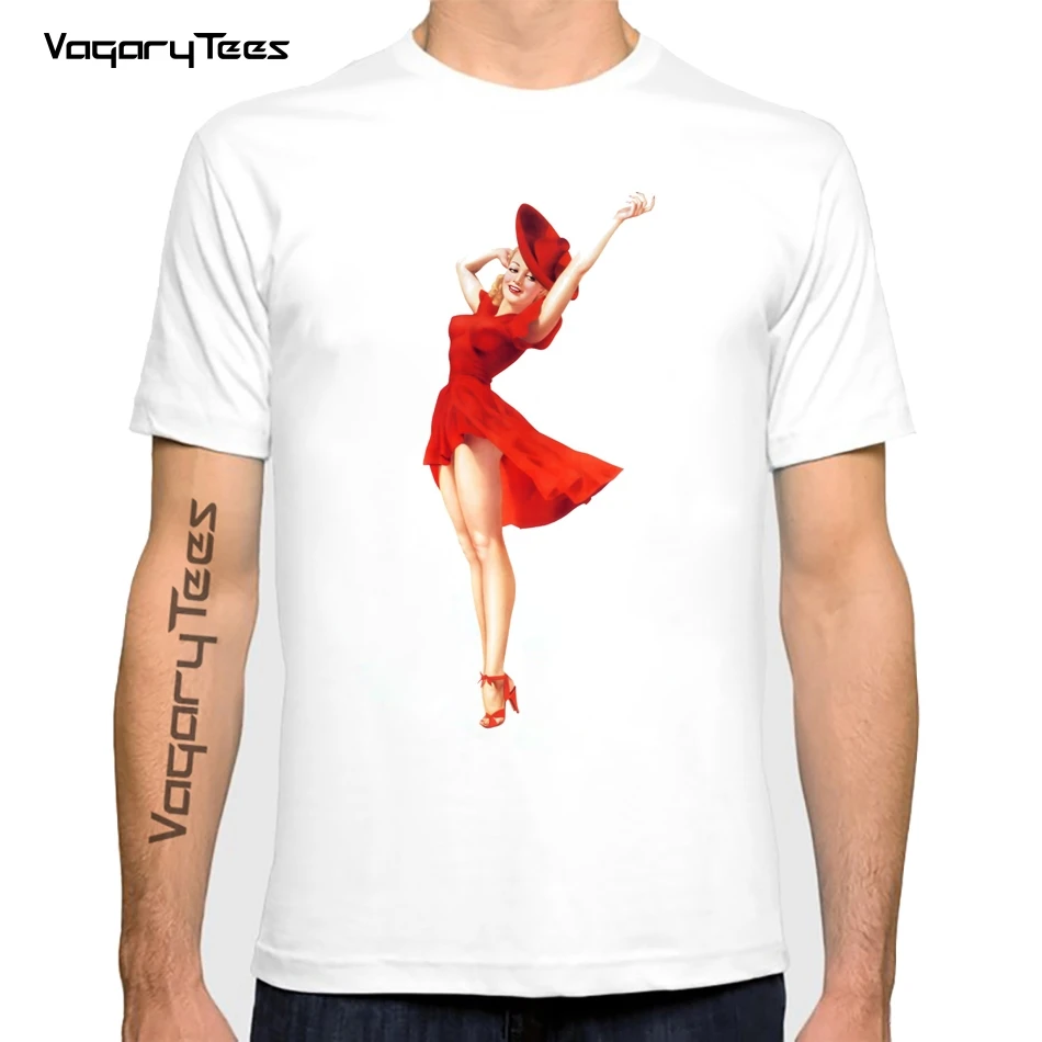 Vintage Collection Pin Up Girl in Red Dress Graphic oversized T-Shirt Fashion Men Old Print White Casual Tops Boy Tee shirt