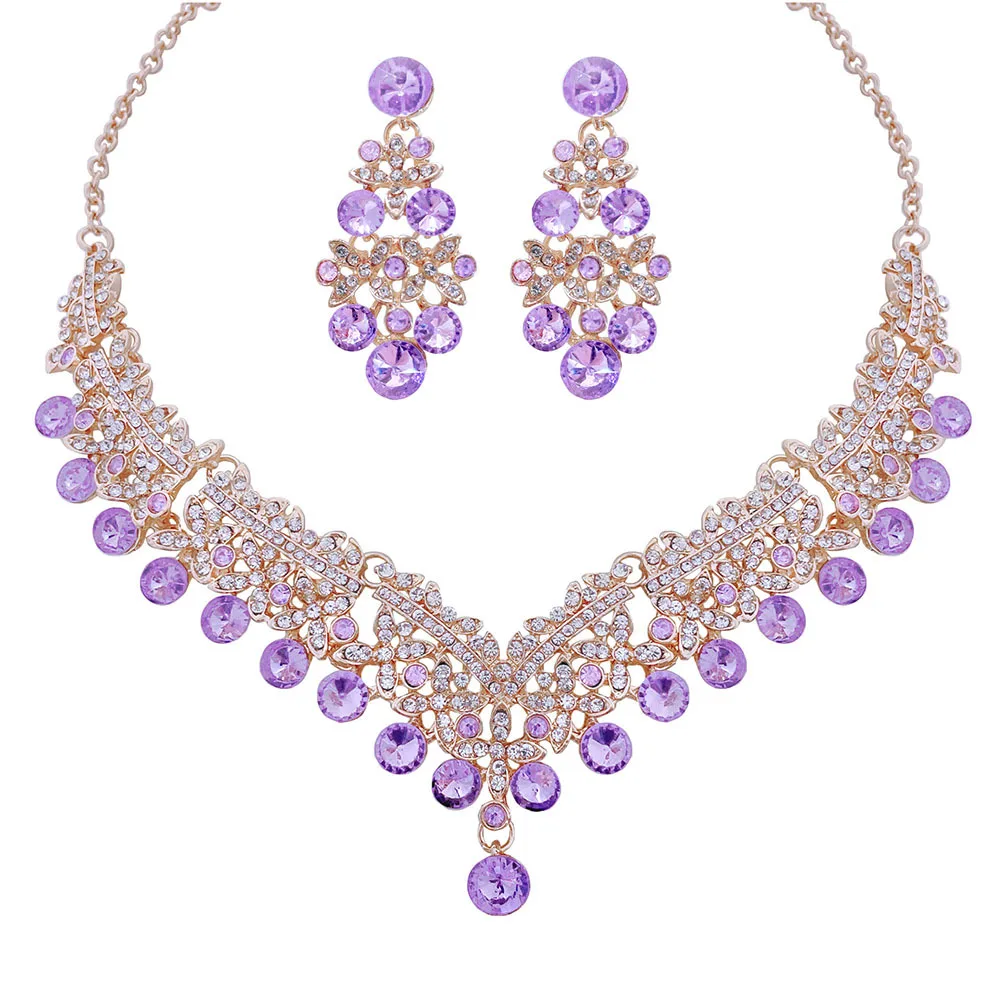 DIEZI Korean Luxury Water Drop Pink Purple Rhinestone Necklace Earrings Jewelry Sets Wedding Party Crystal Jewelry Accessories