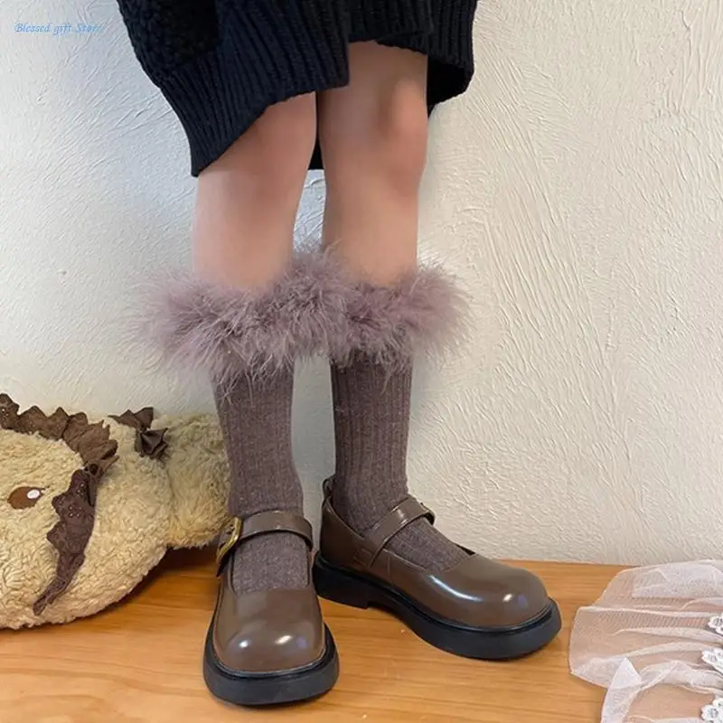 Kids Lace Trimmed Knee High Pile Socks Comfortable Stackable Socks Plush Trim Middle Tube Socks Cosplay Accessories