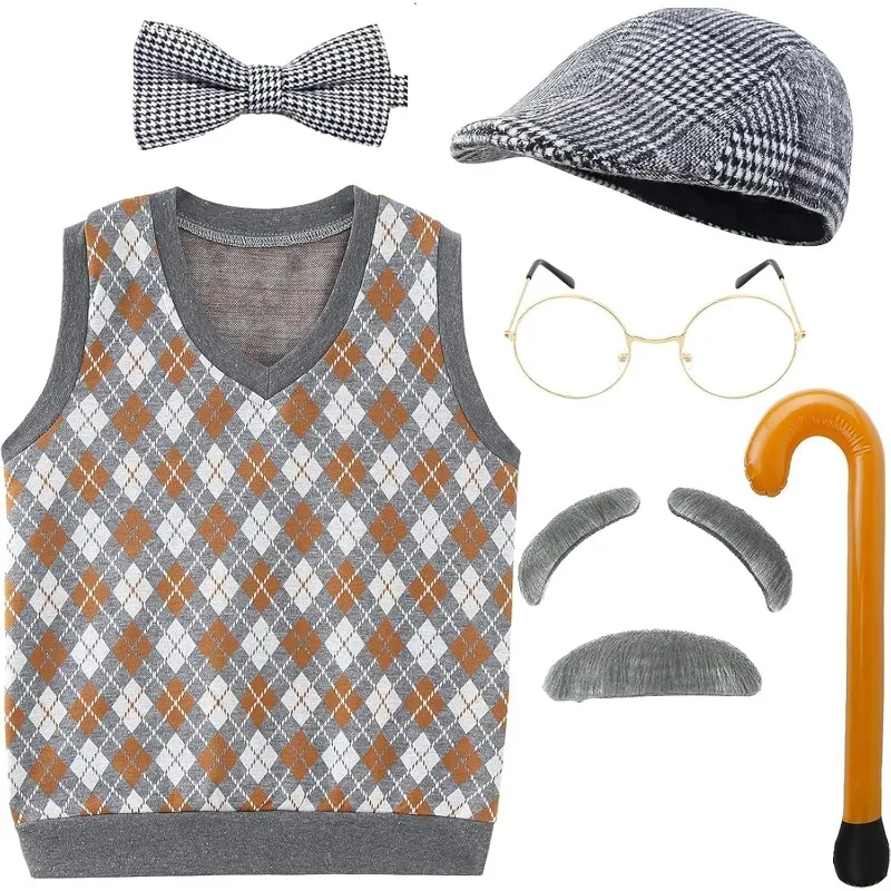 Kids 100 Days School Old Man Grandpa Costumes Set for Boys School Stage Roleplay Halloween Christmas Party Dress up Outfit