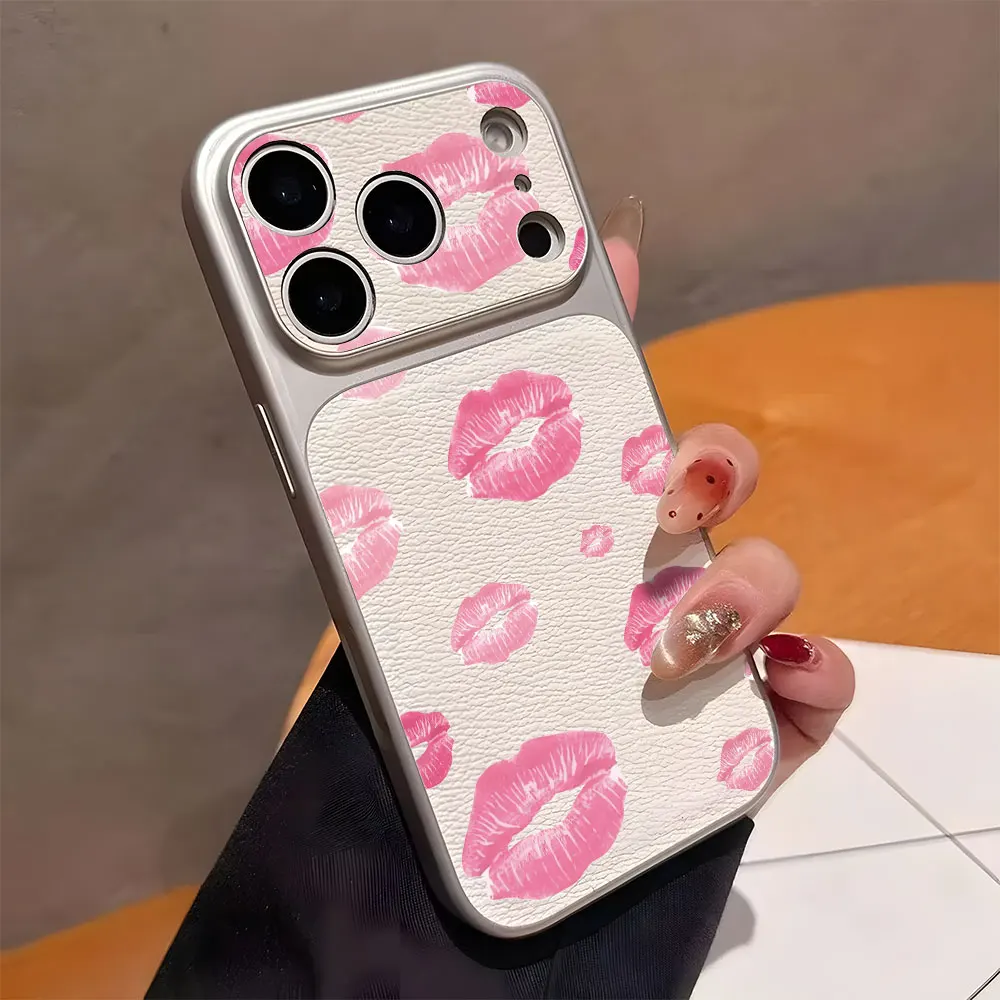 

Luxury Seconds Change 17 Pink Lips Print Leather Phone Case For iPhone 17 16 15 14 13 12 11 Pro Max 14 Plus Large Window Cover