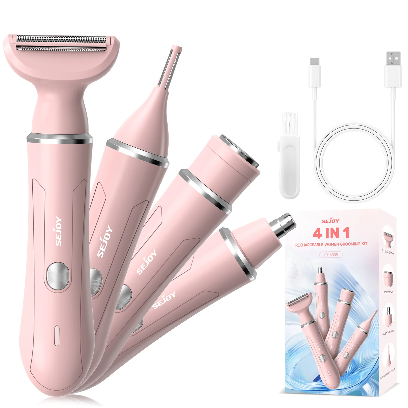 Sejoy 4 In 1 Electric Lady Shaver Portable, Body Hair Removal Epilator, Painless Cordless Trimmer Razor for Women