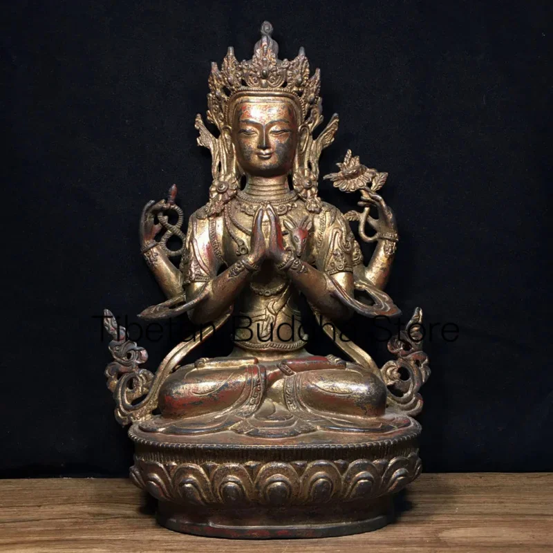 

32cm Nepalese Tibetan Pure Copper, Mud Gold, Gold, and Gold Degrees Mother's Four Arm Guanyin Bodhisattva Ornament