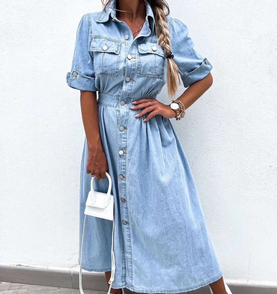 فستان كاوبوي نسائي صيفي جديد بأزرار وأكمام قصيرة لعام 2025