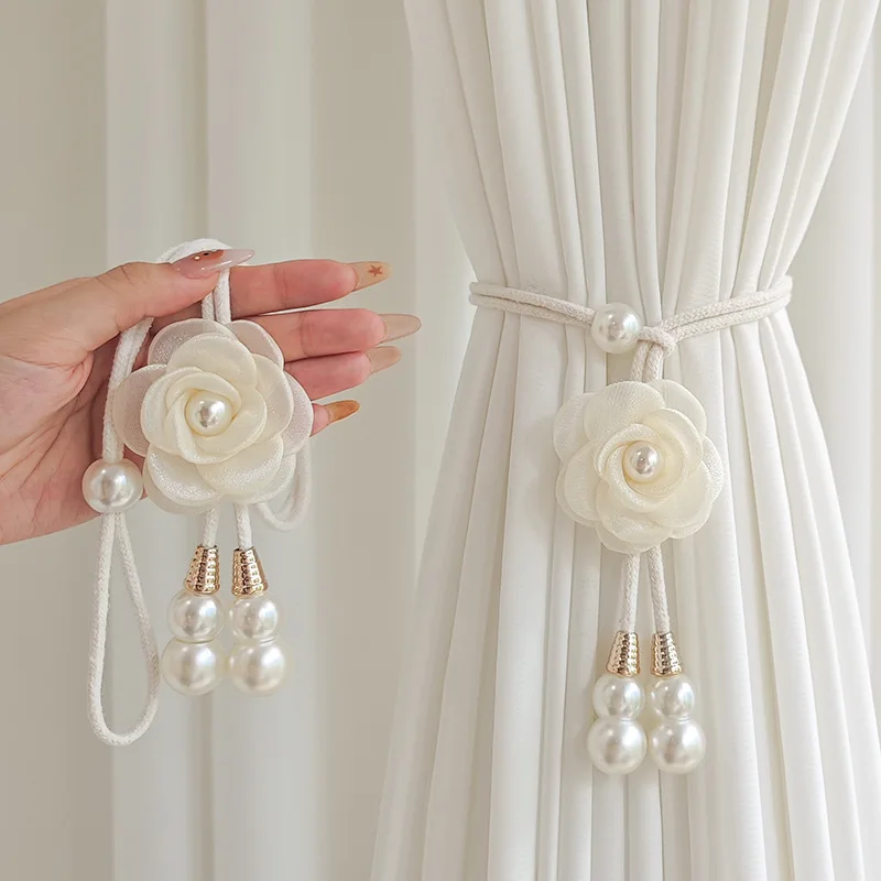 PICKNOW 2PCS Creative Camellia Flower Curtain Tiebacks Luxury Adjustable Sheer Curtain Decor Drawstrings Curtain Accessories