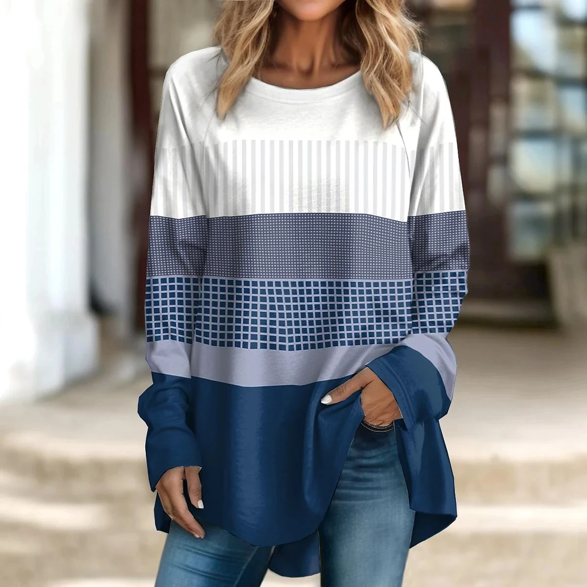 High-Quality Middle-Aged And Elderly Women\'s Top Round Neck Long Sleeve Simple Striped Printed Imitation Cotton Retro T-Shirt Pl