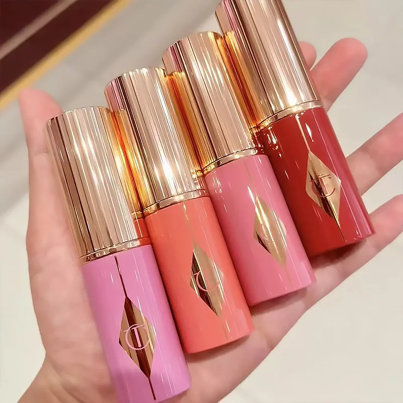Brillo Labial con Sabor a Fruta Charlotte en Oferta, Lápiz Labial en Tubo Dorado con Diamantes Rosados, Barra de Colorete en Polvo Colorido, Cosméticos de la Marca Tilbury
