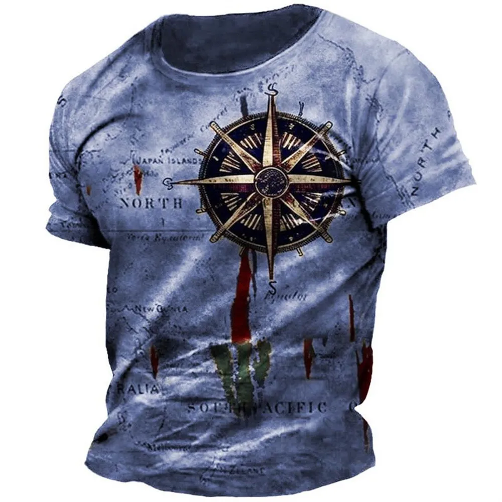 New American men's summer retro sailing compass letter print soft and breathable round neck T-shirt outdoor urban casual top