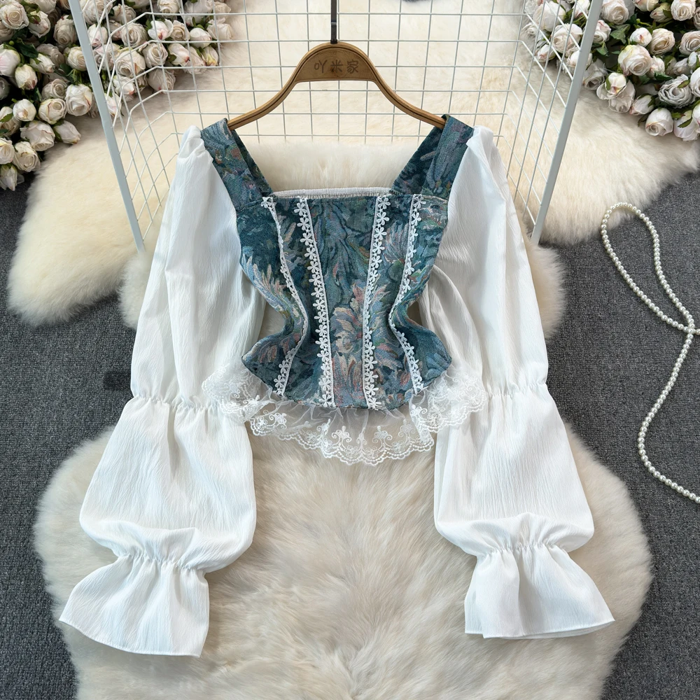 

Женские жаккардовые топы во французском винтажном стиле, женские лоскутные блузки с квадратным вырезом, пуловеры с рукавами-фонариками, осенне-зимние рубашки