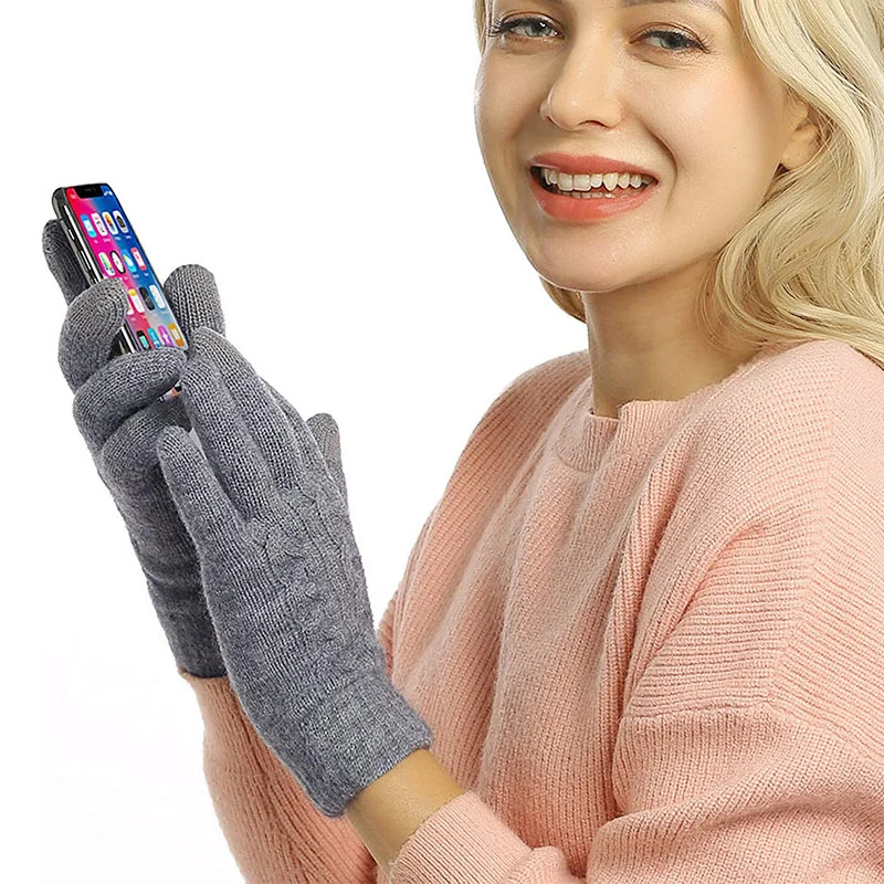 Touch Screen Knitted Gloves Cold Resistant Fleece Lined Thickened Solid Color for Men Women Winter Outdoor Cycling