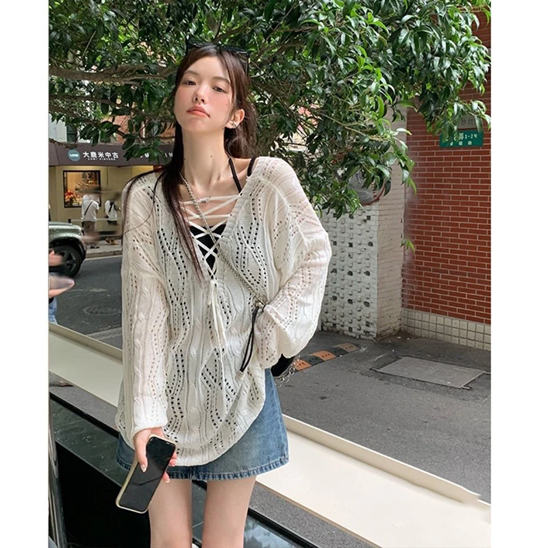 new Tops Knitted Hollow Out Sweater Solid Retro Women Casual Full Sleeve Jumpers