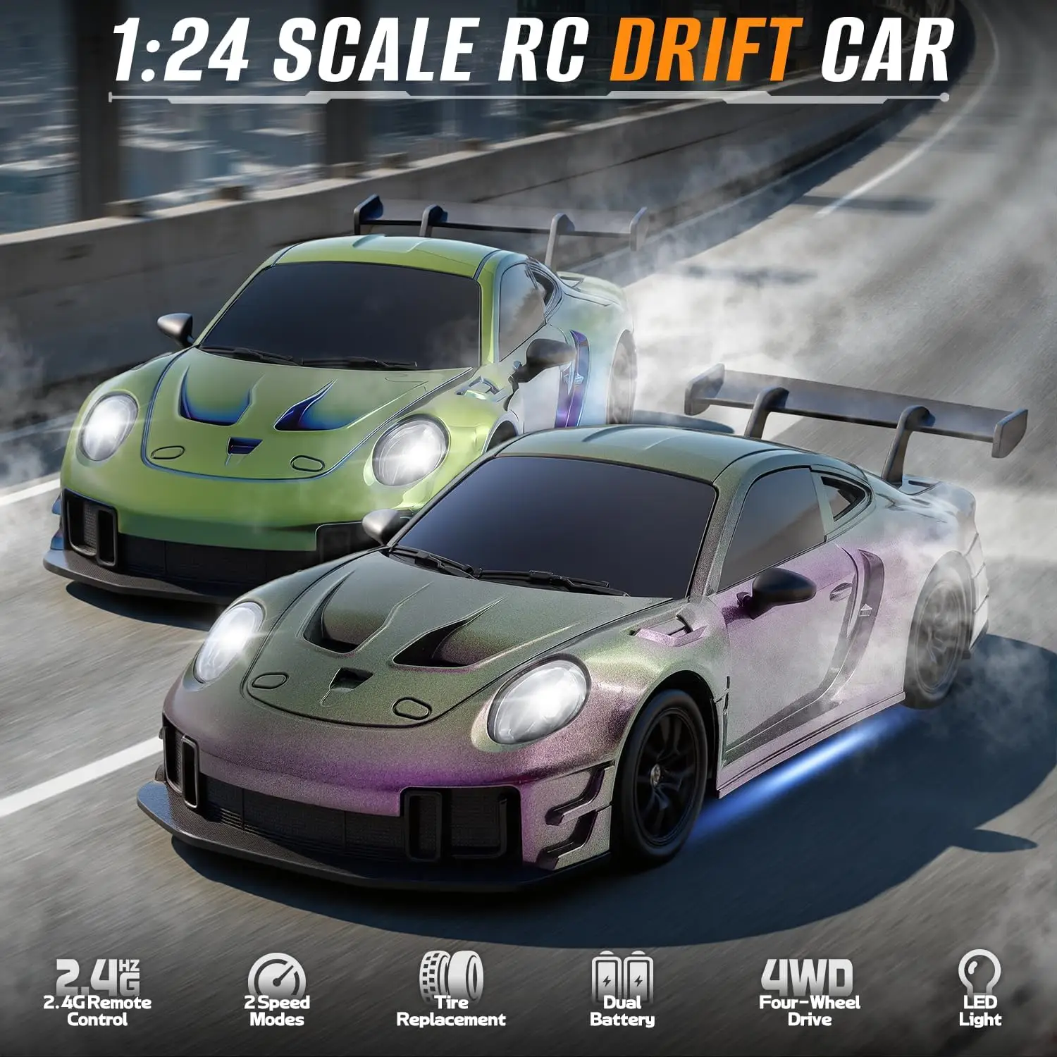 

1:24 4WD RC Drift Car, 2.4G 100M Remote Control 4WD High Speed RC Vehicle Simulation Sound Light Children Toy Gift for Boy