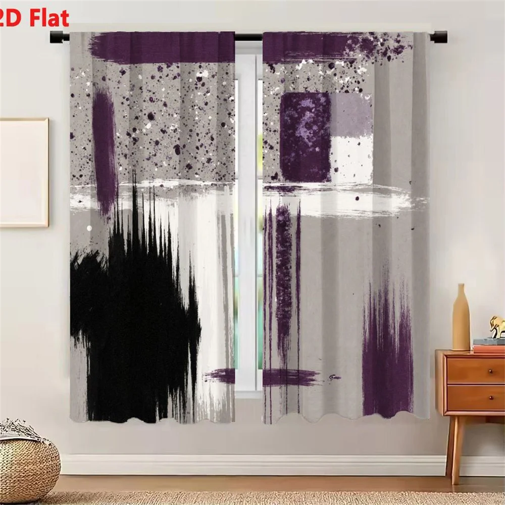 2Pcs Curtains 2D Flat Abstract Expressionist Painting Muted Purple Black White Gray Brush Strokes Splatters Geometric Shapes Dyn