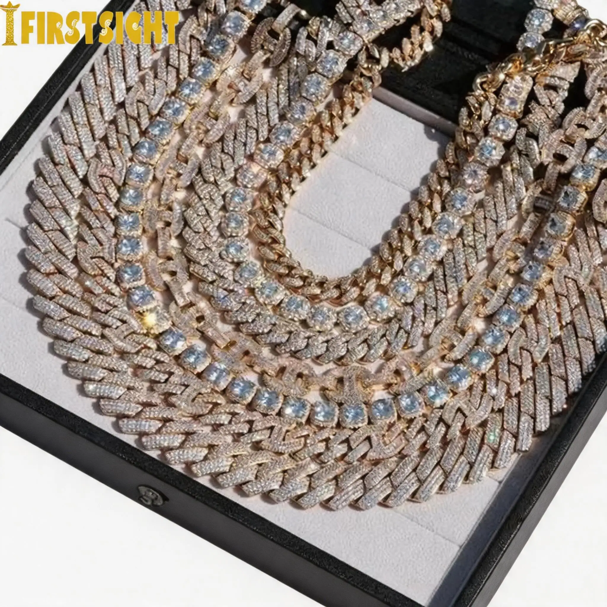 Men's 19mm Iced Out Cuban Chain Necklace Two Tone CZ Rectangle Hip Hop Miami Jewelry