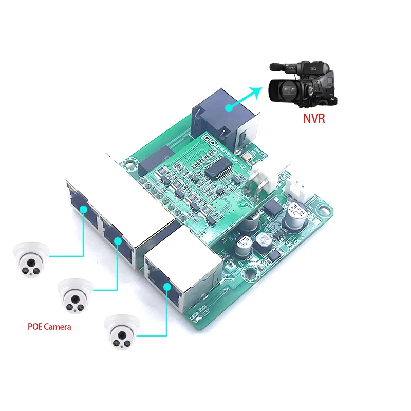 3port  10/100M POE 802.3AT/AF 48V with 1port 10/100M UPLINK/NVR switch pcb module