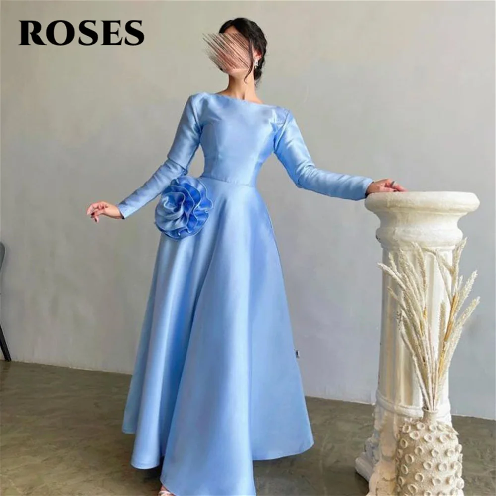 

ROSES Blue Elegant Prom Dress Stain O-neck Regular Sleeves Formal Gown with Pleat A-Line Evening Dresses for Woman Customized