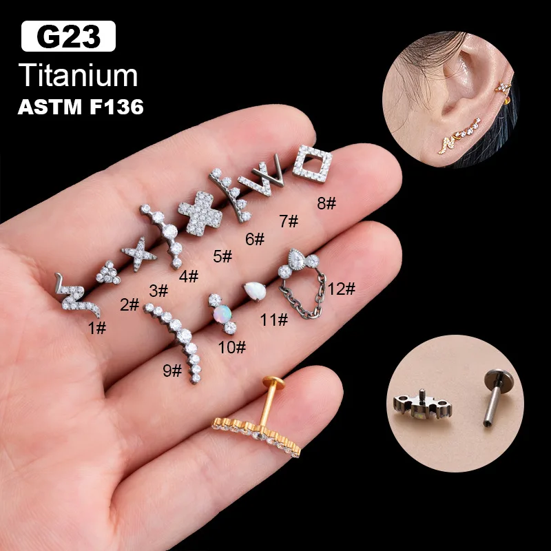 1PC 8mm Long G23 Titanium Rod Lip Nail Piercing Cartilage Stud Earring for Women Opal Zircon Flat Back Lip Stud Piercing Jewelry