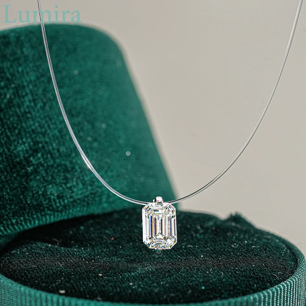 Lumira Rectangular Emerald-Cut Moissanite Fish Tear Pendant Platinum PT950 Necklace Women Invisible Fishline Collarbone Chain
