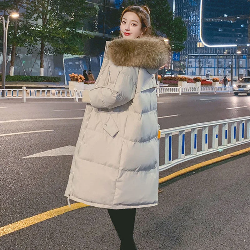 Long Winter Jacket Women Clothing Padded Loose Hooded Fur Collar Down Cotton Coat Female Warm Thick Black Women\'s Parkas