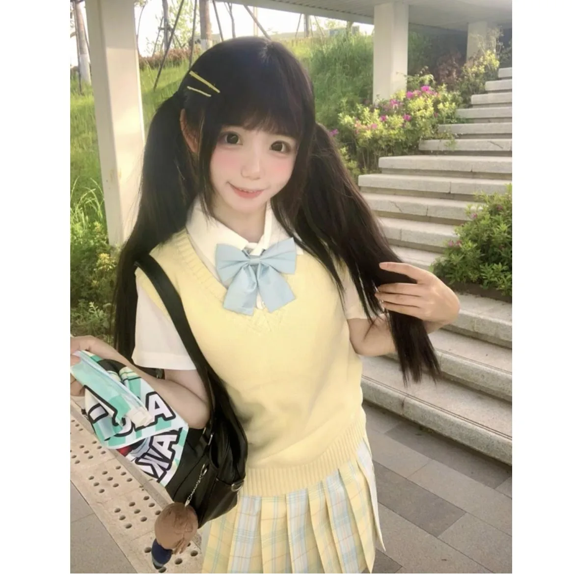 

Вязаный жилет Sweet College Sle и комплект из четырех предметов, однотонная клетчатая юбка, многослойная одежда для молодых женщин