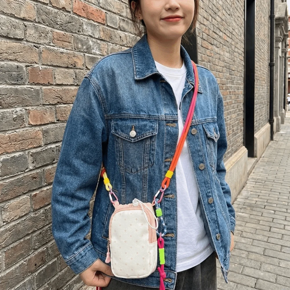 Colorful Rope Water Bottle Crossbody Bag Polka Dot Lightweight Drawstring Sling Bag Adjustable Strap Portable