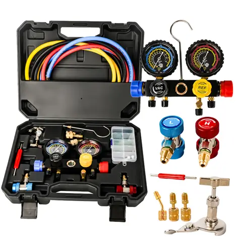 R410a R22 R134a 냉매용 AC 게이지 세트, 5피트 호스가 있는 4개 밸브 자동차 AC 매니폴드, R410a 어댑터