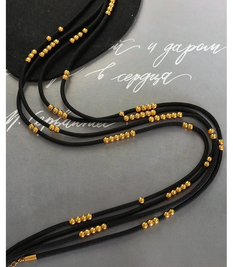 Schwarze Stoffseil-Halskette mit Edelstahlperlen, Lolita-Modeaccessoire für Frauen, cooler Trend, Paar-Halsketten im Großhandel – Detail 9