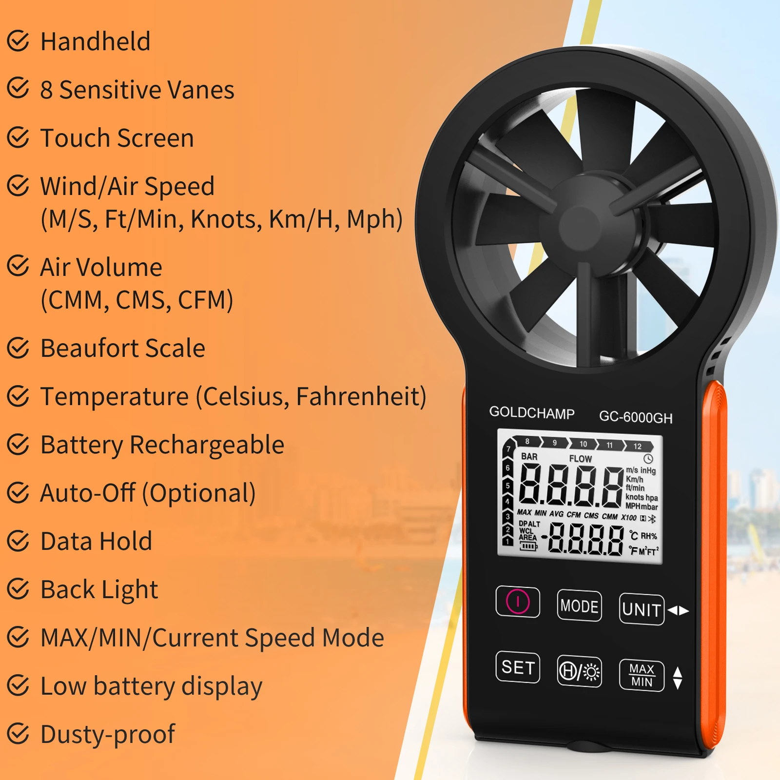 Rechargeable Waterproof Digital Anemometer, CFM Air Flow Meter 0.3-30m/s Wind Speed Tester, 999900ft3/min Volume Gauge for HVAC