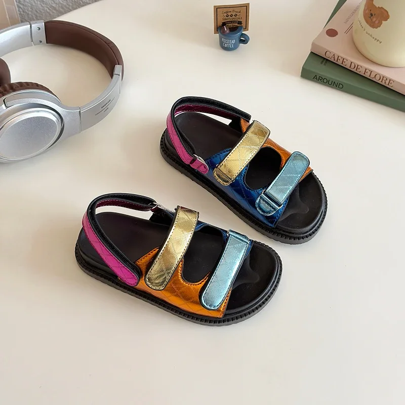 

Summer Girl's Sandals Metallic Sewing Colorful Unisex Boys Girls Sliders Flexiable Fashion Minimalist Hook-loop Kids Shoes