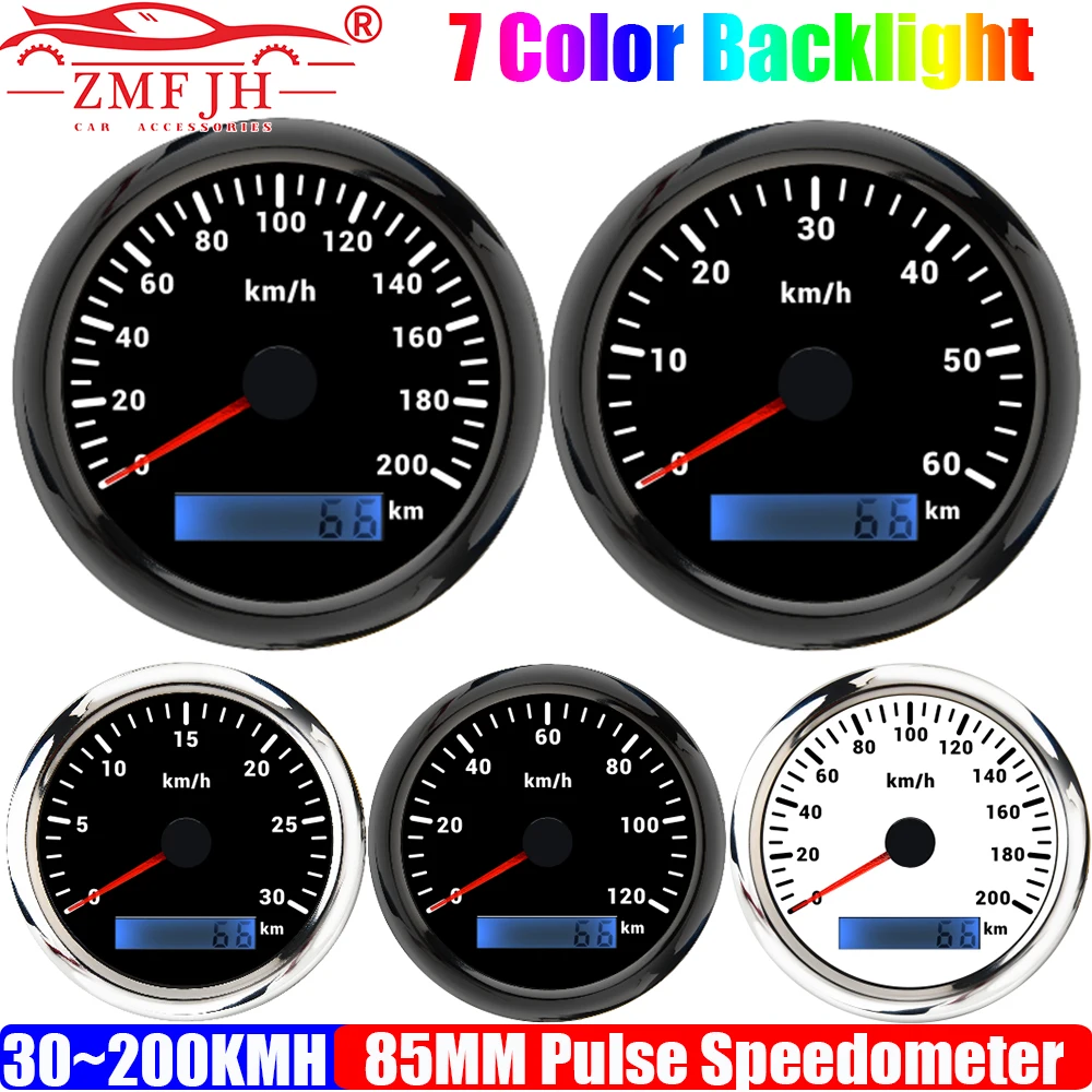 

ZMFJH Аналоговый импульсный сигнал 85 мм Спидометр 7 цветов Свет 30 ~ 200 кмч Измеритель скорости Импульсный сигнал для авто, автомобиля, лодки, яхты 12 В 24 В