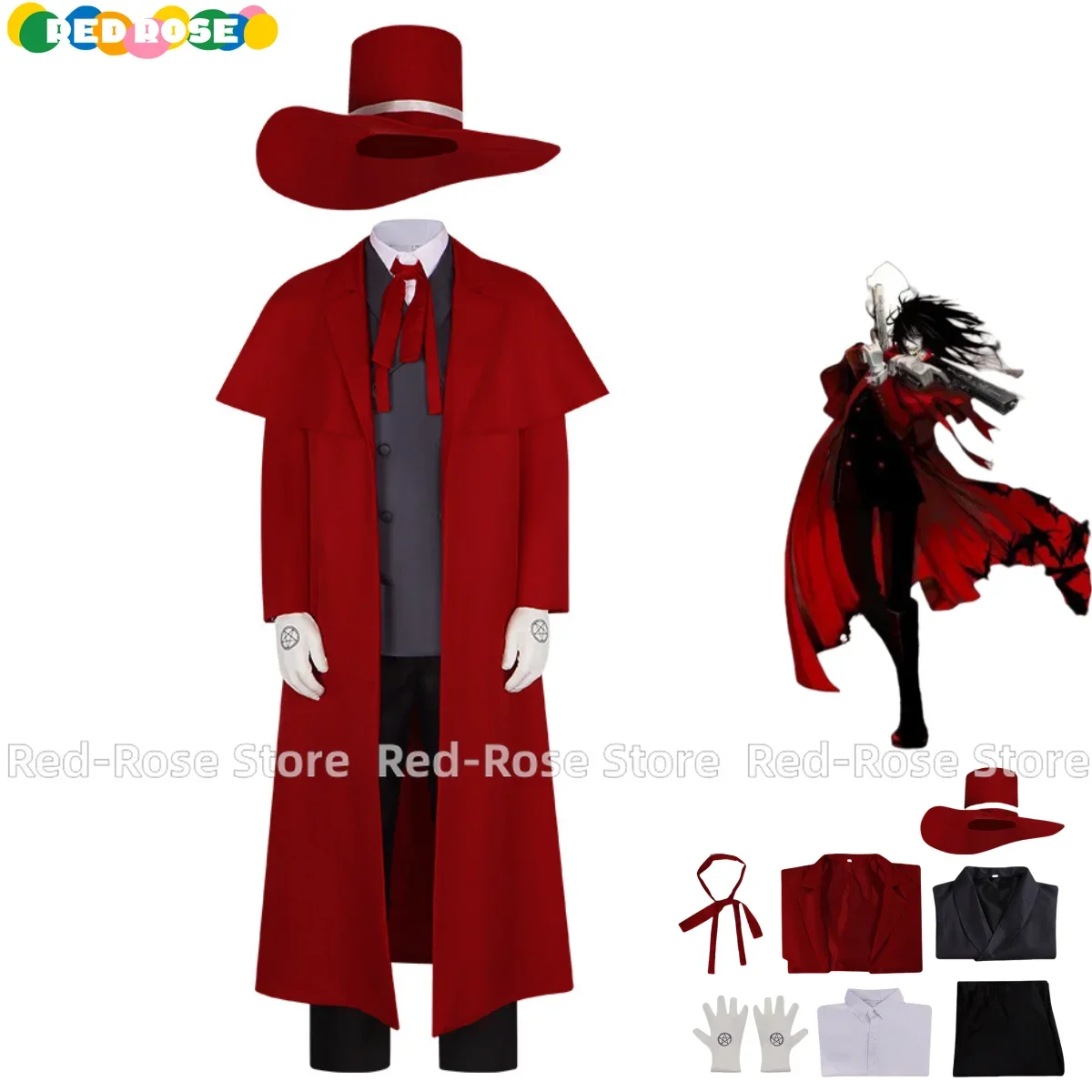 

Anime Cartoon Hellsing Alucard Cosplay Costume Red Uniform Long Cloak Coat Trench Hat Adult Man Halloween Christmas Party Suit