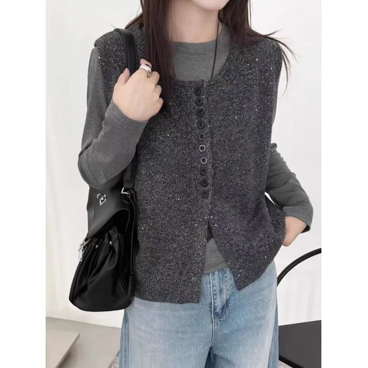

plus Size Women's Slimming Knitted Vest Svel Woolen Outerwear Spring New Sle Commute Sle round Ne Single Button