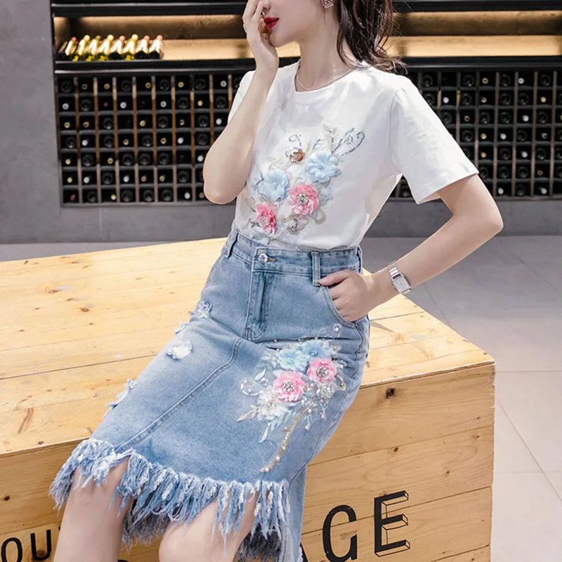 

2024 Summer New Women T Shirt Skirt Sets Casual Fashion Light Blue Flower Decoration Holes Fringed Denim Skirt Female Two Set