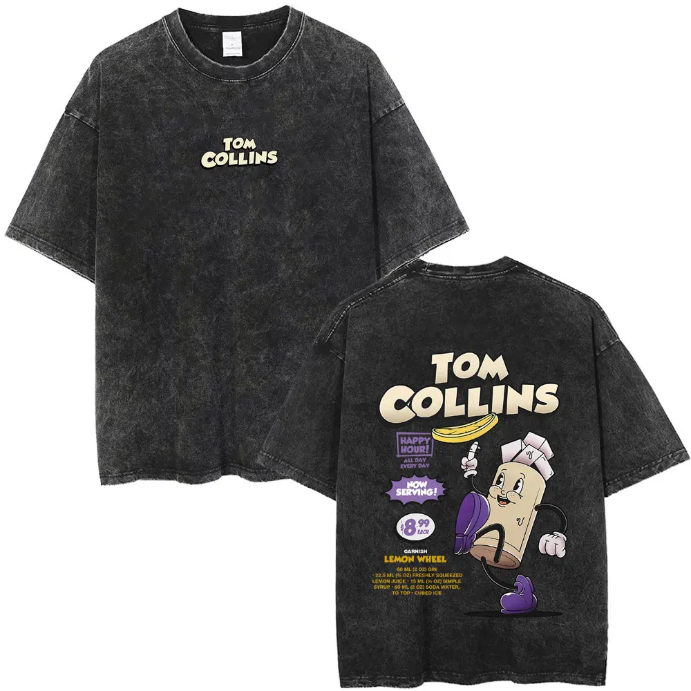 

Tom Collins Cocktail Cartoon Funny Meme Washed T-shirt Men Women Casual Humor Vintage T Shirts Male High Quality Cotton Tshirt